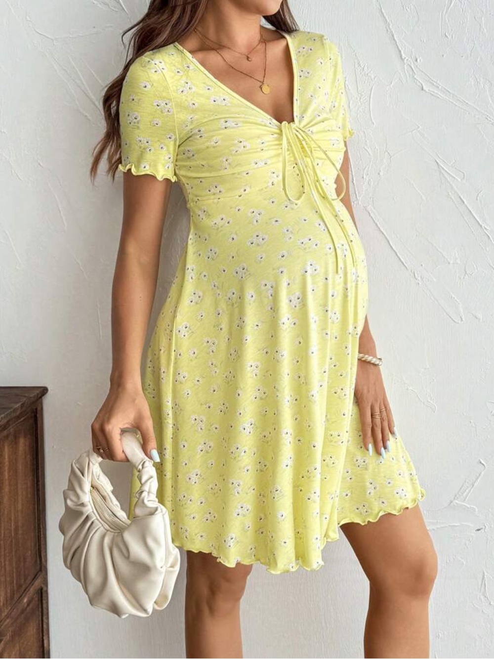 SHEIN Yellow Floral Tie-Front Short Sleeve Maternity Mini Dress